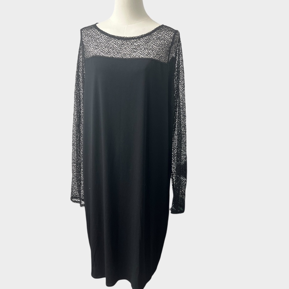 Eileen‎ Fisher Dress Womens XL Black Lace Mesh Long Sleeve Shift Cocktail Knit